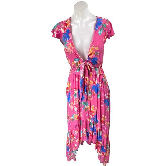 Vici Pink Multicolor Floral Short Cap Sleeve Plunging High Low Maxi Dress Size S - Picture 1 of 5